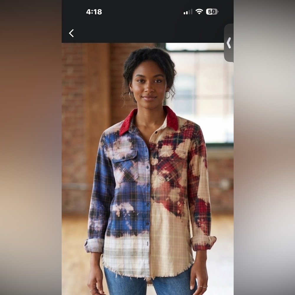 Jocelyn Red and Blue Distressed Plaid flannel woman’s Shirt EUC 22” PTP